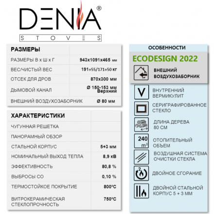 Печь-камин Denia Panoramic + Stove Bench Амазонка бай фото в Слониме