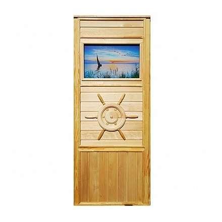 Дверь деревянная для бани DoorWood Штурвал 1840x740 со стеклом Парусник в Слониме