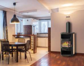 Недорогой стальной камин со стеклом Мета-Бел Ангара фото в интерьере в Слониме