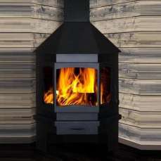 Стальной недорогой камин со стеклом Мюнхен угловой чёрный фото в Слониме