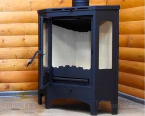 Стальной камин со стеклами Бавария панорама угловая фото в интерьере в Слониме