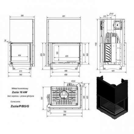 Каминная топка Kratki Zuzia/P/BS/G (угловое стекло справа,гильотина) в Слониме