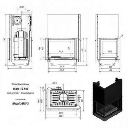 Каминная топка Kratki Maja/L/BS/G (угловое стекло слева, гильотина) в Слониме
