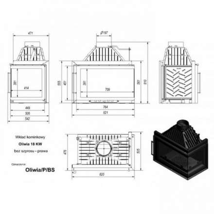 Каминная топка Kratki Oliwia/P/BS (угловое стекло справа) в Слониме