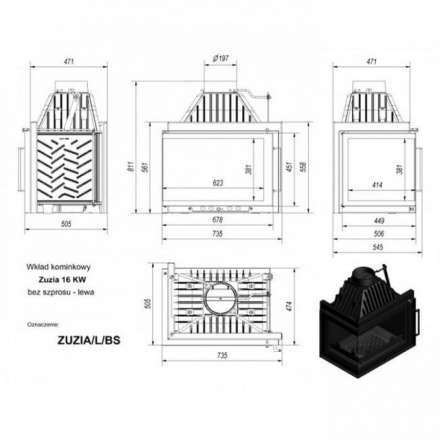 Каминная топка Kratki Zuzia/L/BS (угловое стекло слева) в Слониме