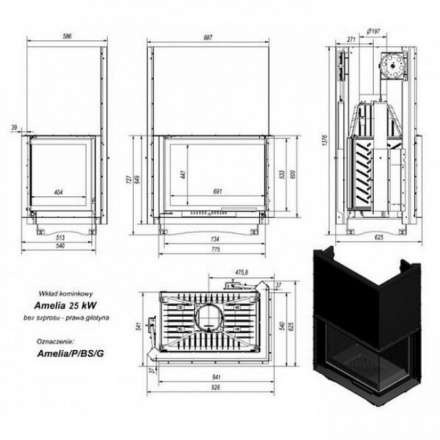 Каминная топка Kratki Amelia/P/BS/G (угловое стекло справа, гильотина) в Слониме